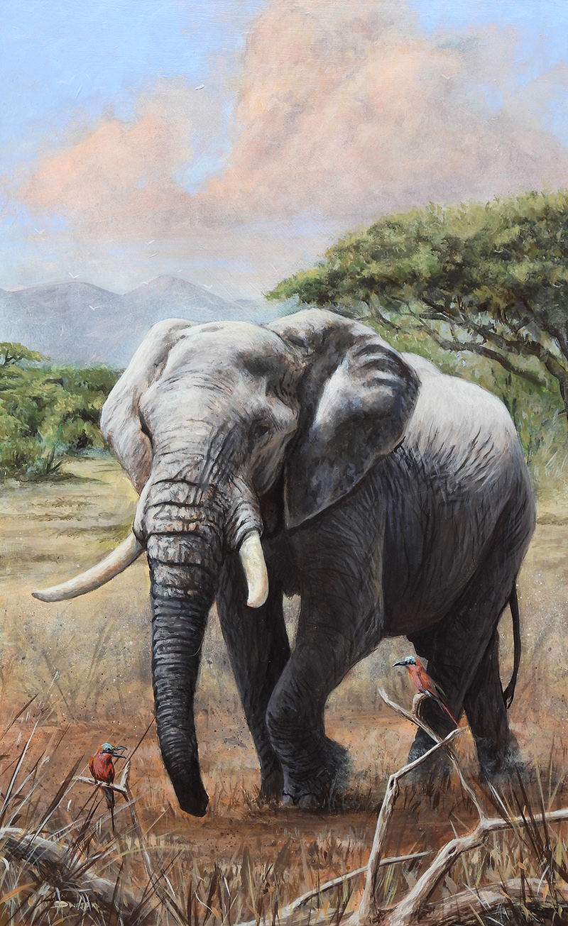 Elephant and the bee eaters 'Elephant and Bee-eaters' Acrylic Painting